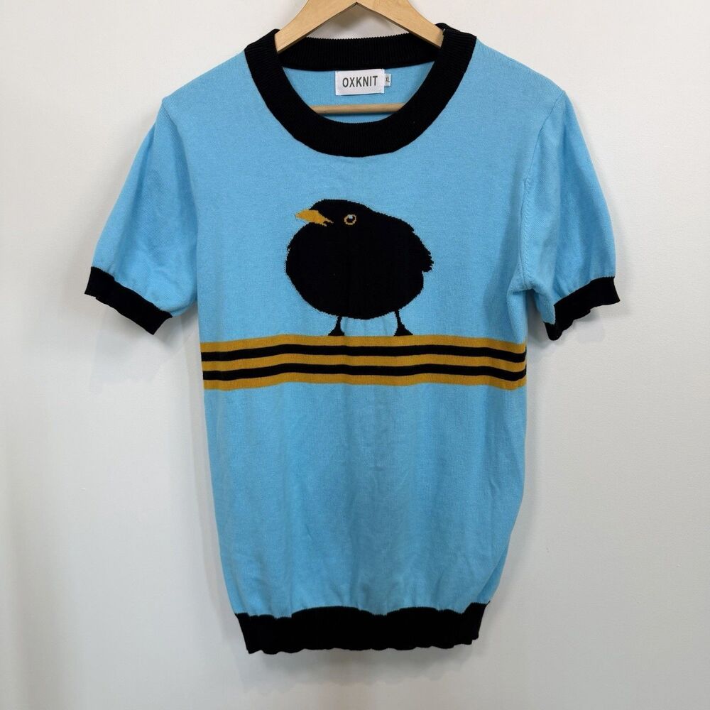 Oxknit Top Women’s XL Blue Black Bird Crow Retro Short Sleeve Sweater Stripe Fun
